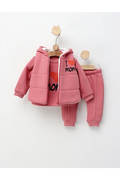 MiniKids Комплект от 3 капитониран , с Елек, I love MOM, ярко розово