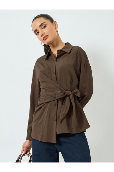 Styli Brown Long Sleeves Wrap Top