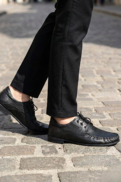 Ekonomik Ayakkabı Men's Black Lace-Up Moc-Toe Casual Shoes Comfortable Sole