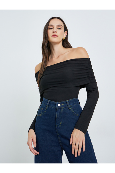 Take Two By Styli Black Off-Shoulder Long Sleeve Blouse