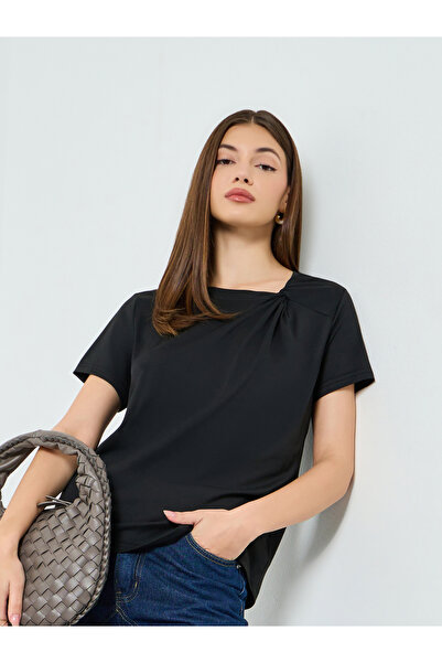 Styli Black Asymmetric Neck Knit T-Shirt