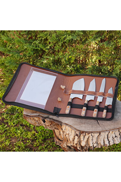 kösemehmet 4 Parça Profesyonel Mutfak Bıçak Seti – Hasır Çanta ve Kesme Tahta...