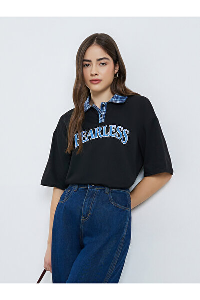 Styli Black Oversized Slogan Print Polo T-Shirt