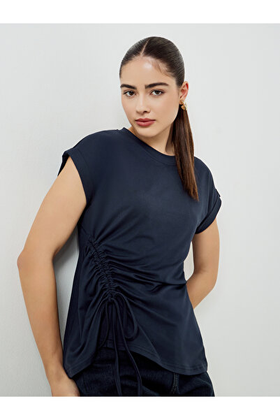 Styli Navy Blue Ruched Drawstring T-Shirt