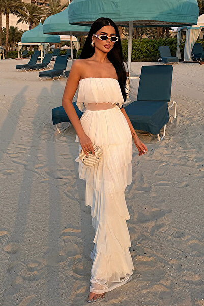 Eyyo Λευκό Σαρότζα Στράπλες Πολυεπίπεδο Τούλινο Μακρύ Βραδινό Φόρεμα ATE-3529