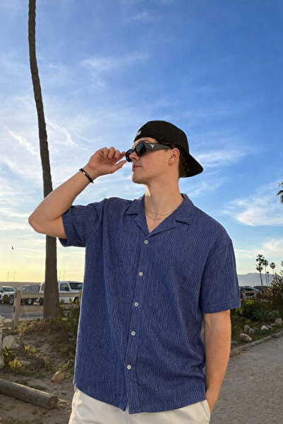 DAMGA JEANS Men's Basic Polo Collar Navy Blue Summer Linen Shirt