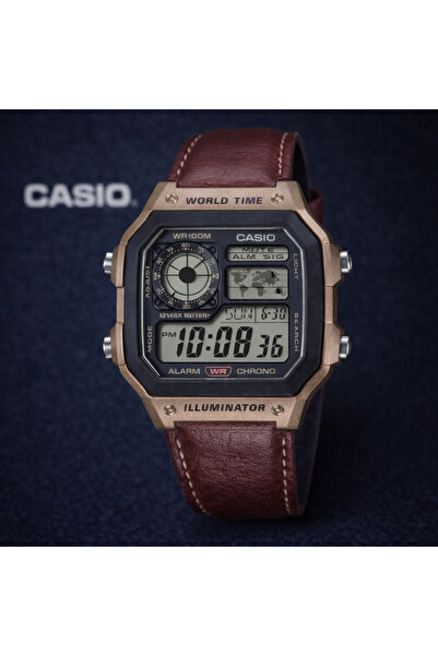 casico Men's World Time Watch with Brown Leather Strap AE-1200WHL-5A, 10-Year...