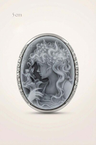Spazio Gri Cameo Oval Vintage Broş 5 cm GÜMÜŞ