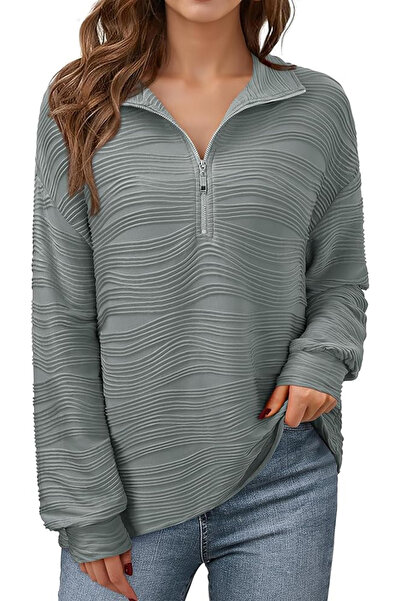 OEM Grey textured loose blouse, long sleeves, V-neck with zipper, L