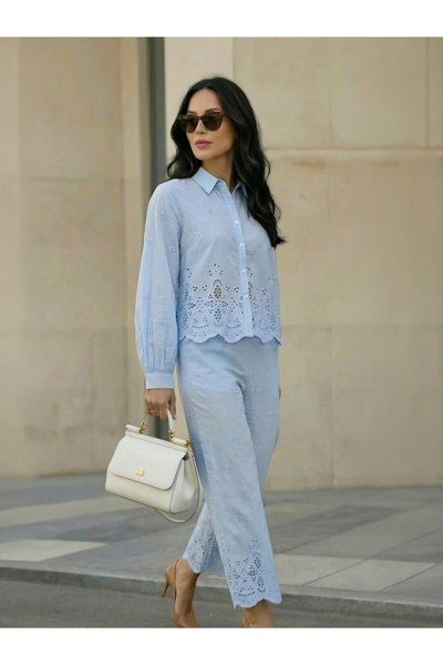 Styli Women Blue Schiffli Long Sleeve Shirt