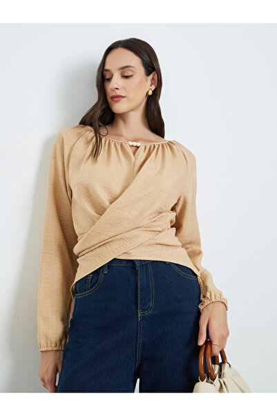 Take Two By Styli Beige Long Sleeve Wrap Blouse