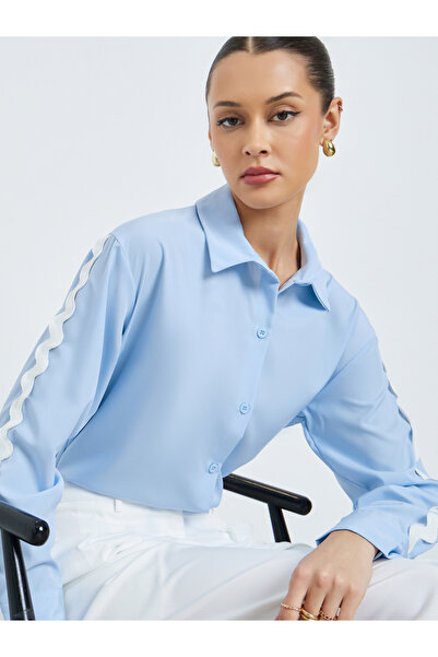 Styli Blue Oversized Shirt with Lace Trim Detail