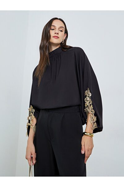 Take Two By Styli Black Lace Detail Slit Sleeve Blouse