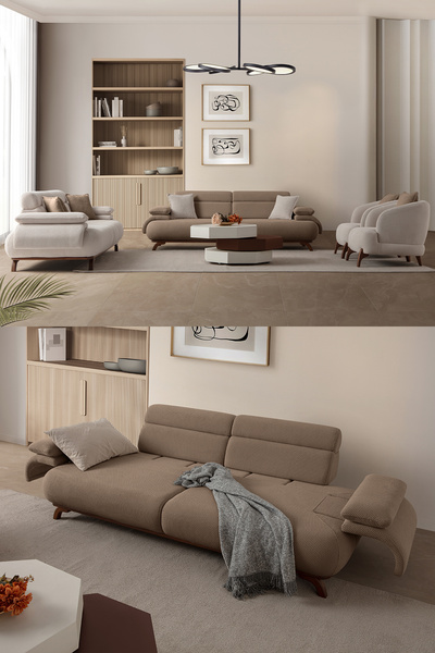 Eymense Bonjo Sırt Mekanizmalı Ceviz Kasalı Koltuk Takımı 3+3+1+1 Sütlü Kahve