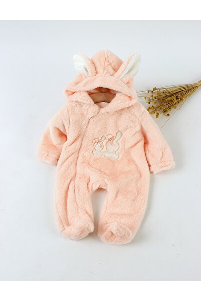 MiniKids Coral-white fur jumpsuit 2 bunnies