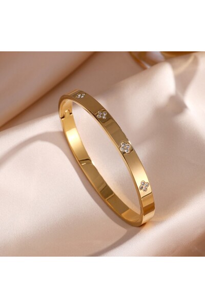 Choice4 سوار من الفولاذ التيتانيوم بلون ذهبي-1، سوار مزدوج مرصع بالزركون اللا...