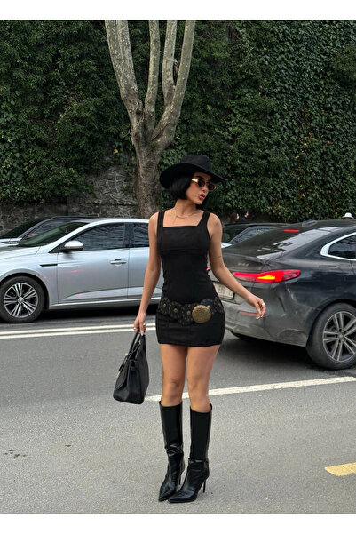 Kadın Basic Kare Yaka Siyah Mini Süet Elbise