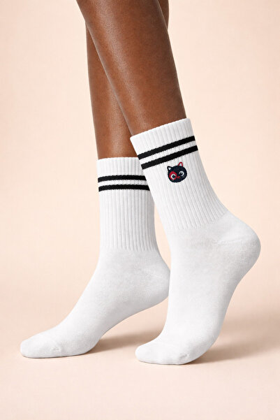 Katia&Bony Women's Cat Embroidered Socks White