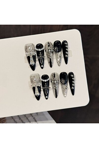 Choice XS-792، 10 قطع من أظافر الضغط الفاخرة المصنوعة يدويًا، طويلة وذات طرف ...
