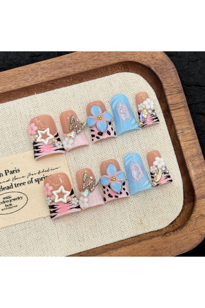 Choice10 S 10pcs Handmade Fake Nails Duckbill Shaped Press On Nails Colorful ...
