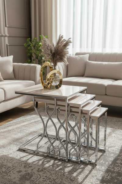 Puklife İnci Tekerlekli Zigon Sehpa Gümüş Ayak Krem Parlak Yüzey Mdf