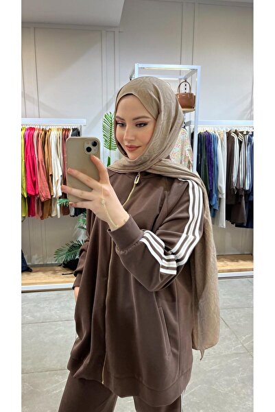 Nuss 1092 Şerit Detaylı Önden Full Fermuarlı Pantolonlu Takım Kahve