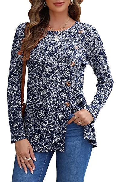 AUSELILY Women's elegant, casual blouse, long sleeve, round neckline M