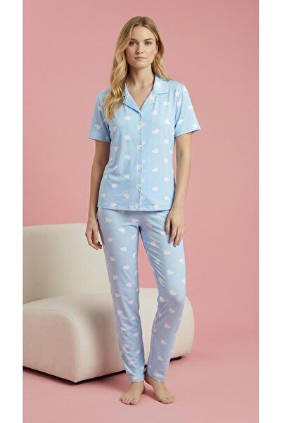 MEBA Women's Front Buttoned Short Sleeve Milan Fabric Comfortable Pajama Set