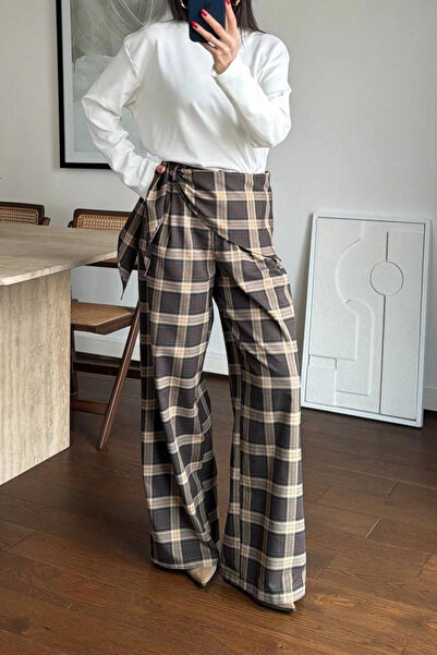 Mine Tan Butik Checkered Women's Palazzo Trousers - Brown