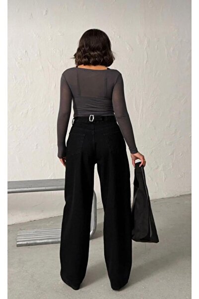 DENİM İN SHE Black Women's Jeans with Back Buckle Detail, Loose Baggy Fit