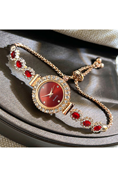 Choice Red Foreign trade chalcedony bracelet watch set with diamond light lux...