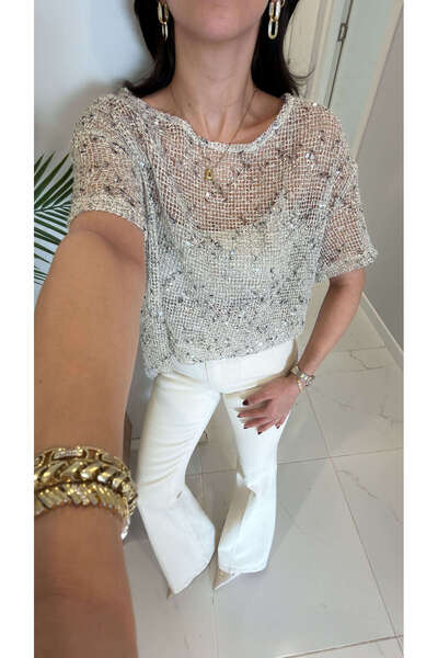 BİRCANÇİL Zr Woyye Beige Braided Sequined Design Blouse