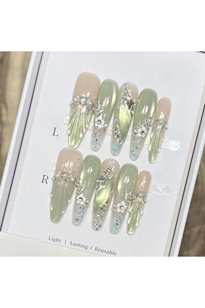 Choice6 مجموعة من 10 قطع من أطراف الأظافر الصناعية الطويلة على شكل لوز مع لؤل...