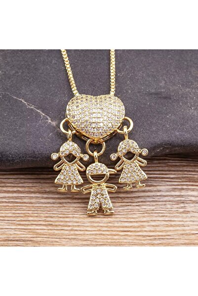 Choice8 قلادة عائلية مطلية بالذهب على شكل قلب مرصعة بالزركونيا، تضم ابنين وول...