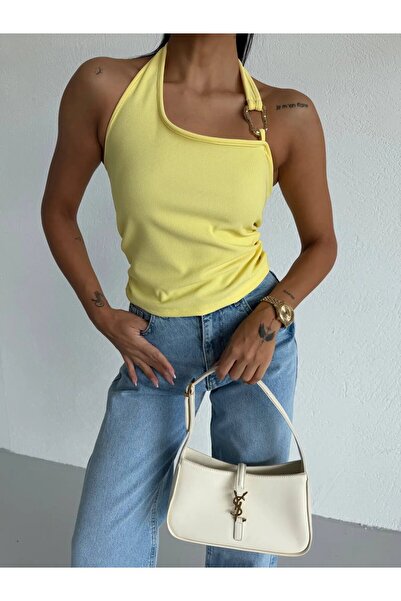 hazelin Women's Yellow Ottoman Fabric Halter Collar Buckle Detail Blouse Hzl2...