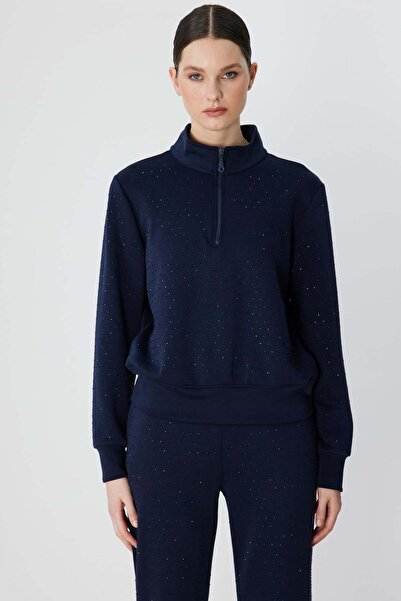 ON Yakası Fermuarlı Taşlı Eşofman Üstü