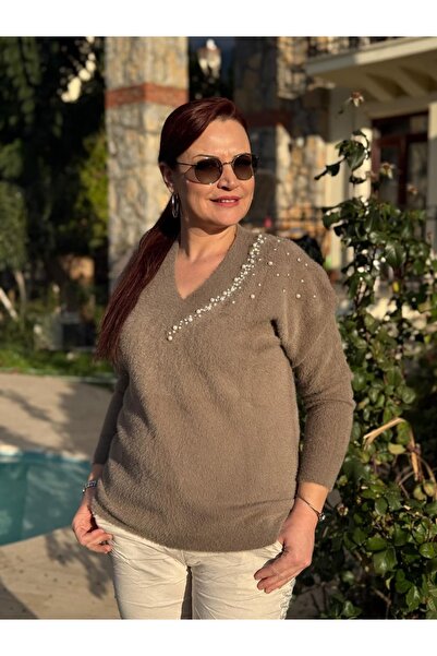 Punta Otantik D12927 Stone Detailed Soft Sweater Mink