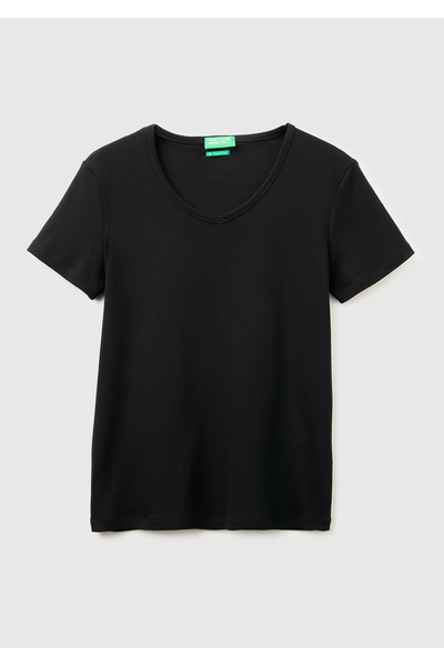 United Colors of Benetton Women's Black 100% Cotton Wide V-Neck T-Shirt