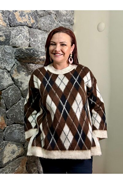 Punta Otantik Fr3696 Crew Neck Diamond Pattern Slit Sweater Brown