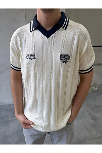 DIFRANSEL JEANS Men's Los Arma Embroidered Polo Collar Striped Knitwear T-Shirt