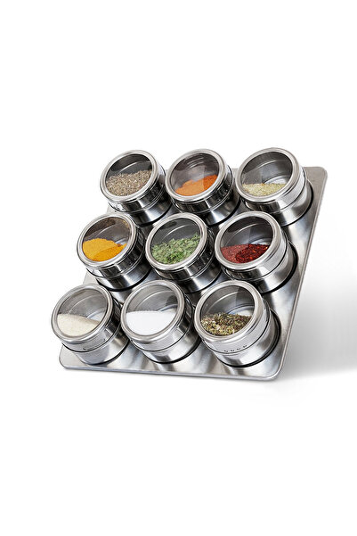 FeyzaDesign 9'lu Masa Üstü Mıknatıslı Çelik Baharatlık Takımı