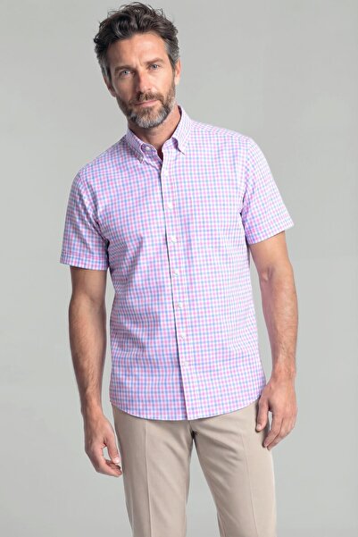 Bisse Men's Regular Fit Short Sleeve Pasha Collar Single Pocket Cotton Pink S...