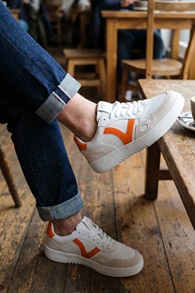 Lufian Men's White Orange Casual Sneaker Shoes - Suede Detailed Retro City St...