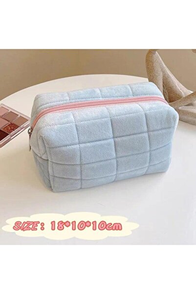 Choice1 Blue Solid Fur Cosmetic Storage Bag Large Women Zipper Makeup Organiz...