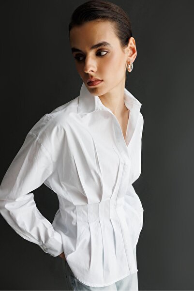 Mixray 4822 Kadın Pileli Belden Oturtmalı Poplin Gömlek Beyaz