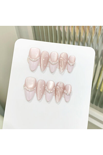 Choice20 XS 10pcs Handmade Press on Nails French Cat Eye Pink Bow Decor Korea...