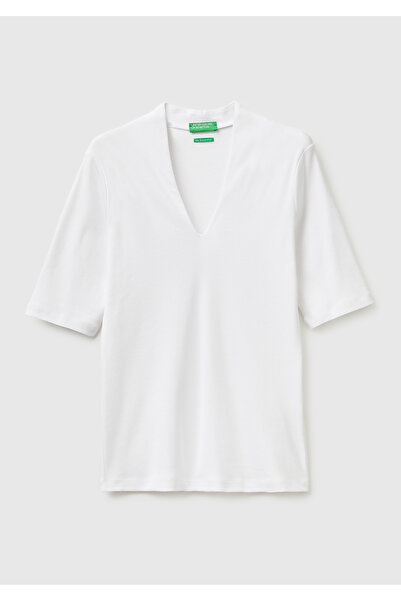 United Colors of Benetton Γυναικείο λευκό μπλουζάκι από 100% βαμβάκι με μισό ...