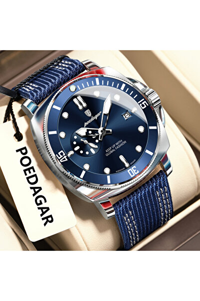 Choice ساعة رجالية فاخرة أنيقة باللونين الفضي والأزرق، مزودة بإضاءة خلفية، مق...