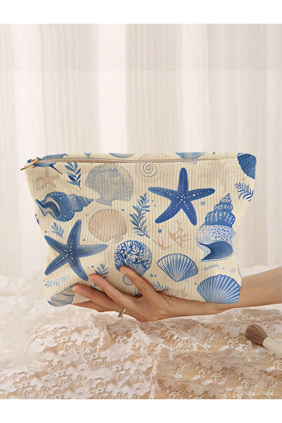 Choice حقيبة مكياج من قماش الكوردروي بسحاب، بتصميم بسيط مطبوع زهور على شكل صد...