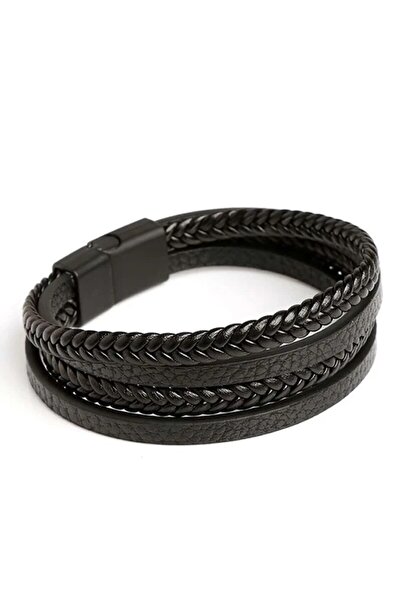 Choice 19cm Black Trendy Leather Bracelets Men Stainless Steel Multilayer Bra...